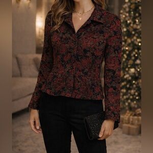 Coldwater Creek Red & Black Floral Jacket | Gold Thread | Size L
